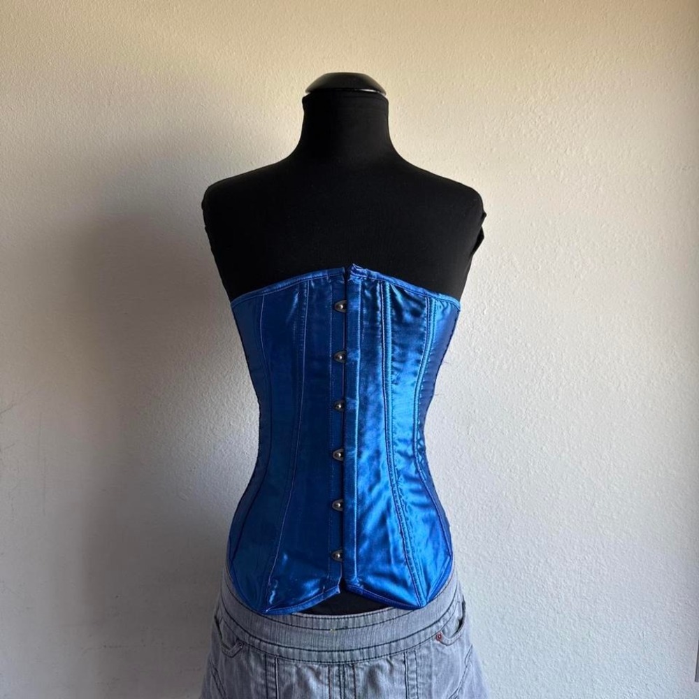 Royal Blue Satin Strapless Corset Silver Grommet Lace-Up Y2K Burlesque OS